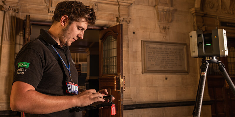 Ridge team scanning Oxford Town Hall, a grade II* listed building with a Leica RTC360 Laser Scanner